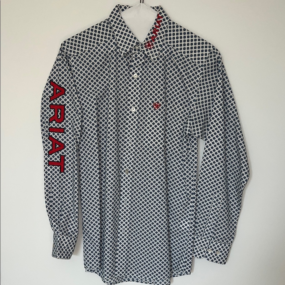 Ariat Navy and White Geometric Long-Sleeve Button-Down with Red Logo